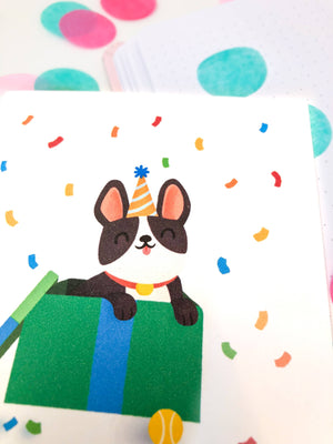 Happy Birthday Dog Greeting Card - Puppy Jumping Out of Box